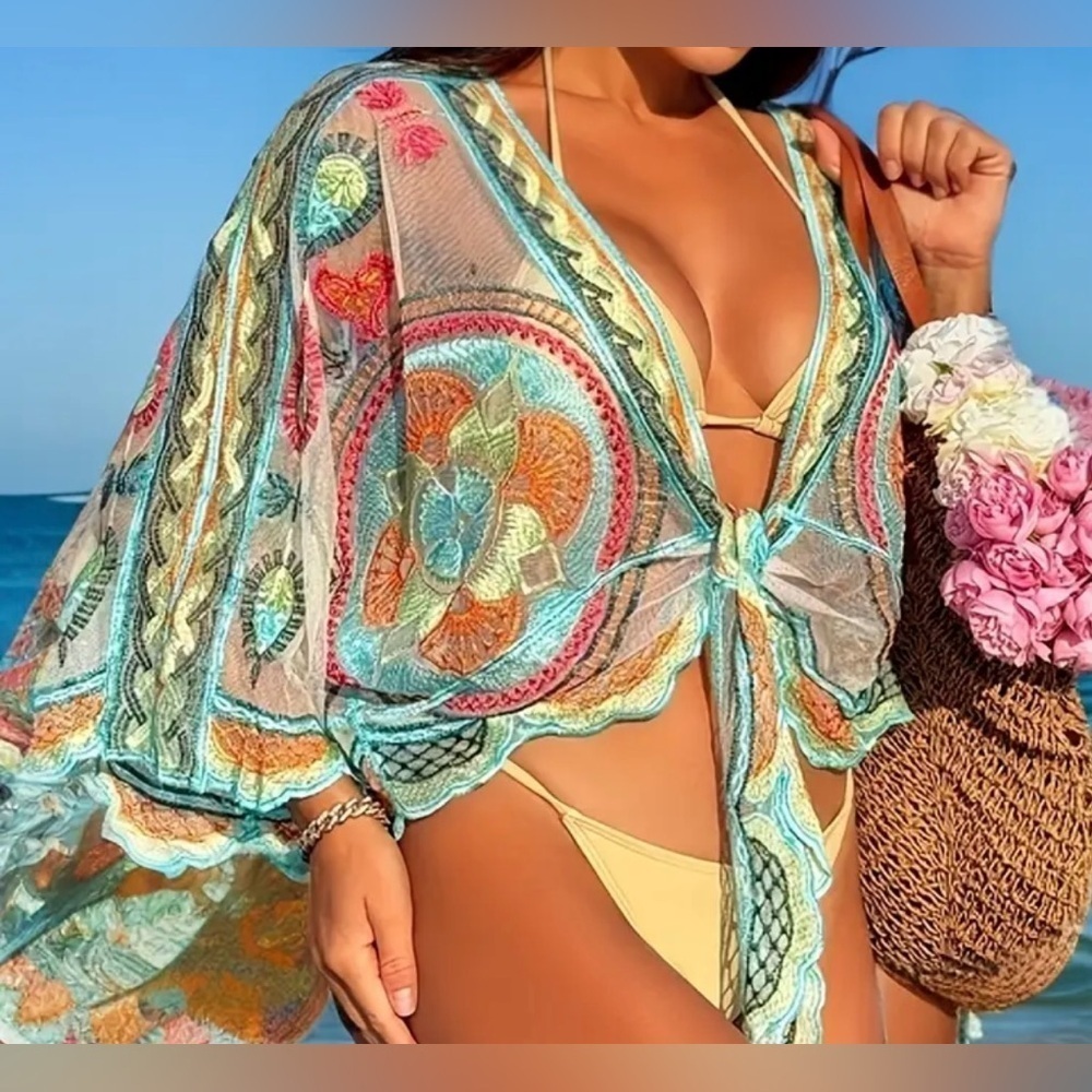 Yellow and Blue Bohemian Swim Coverup with Billowy Sleeves